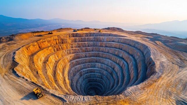 A breathtaking aerial view of a deep mining pit showcasing intricate layers and vibrant colors under a clear sky.