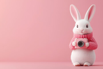 Fototapeta premium cute rabbit photographer holding camera, dressed in pink sweater, stands against soft pink background, capturing essence of joy and creativity