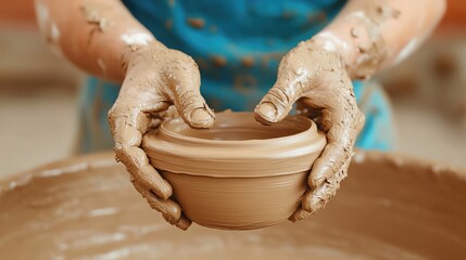 Fototapeta premium Hands shaping clay into a beautiful pottery bowl, showcasing the art of pottery.