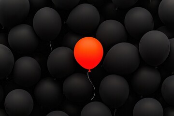 Bright orange balloon floating apart from darker balloons, representing differentiation, aspiration, distinct and minimalistic style, focused light