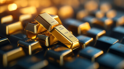 Close up of gold bars stacked neatly on keyboard, showcasing their shiny surface and intricate details. image evokes sense of wealth and luxury