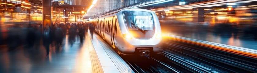 Obraz premium A dynamic shot of a speeding train in a modern urban environment, showcasing motion and energy amidst vibrant city lights.
