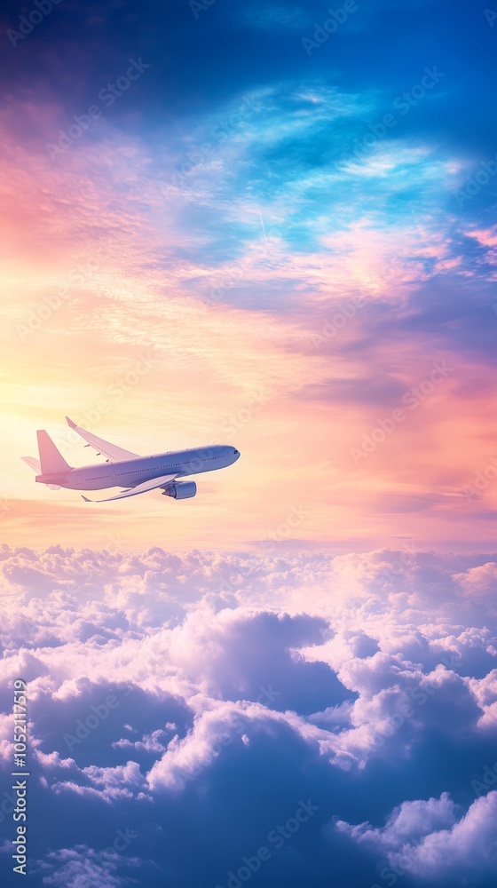 Poster white airplane is soaring through a breathtaking sunset sky, leaving a trail of clouds in its wake a