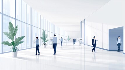 A modern, bright hallway filled with glass, plants, and individuals engaging in activities, creating a lively yet professional atmosphere.