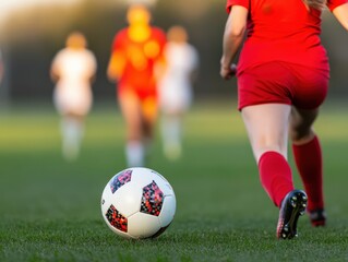 Fototapeta premium A female soccer player in a red uniform runs towards a soccer ball on a green field, embodying athleticism and teamwork.