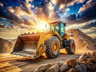 Fototapeta premium Powerful Wheel Loader Working on a Construction Site with Full Bucket of Sand for Earthworks