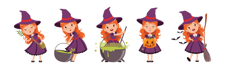 Little Girl Witch Character in Purple Pointed Hat Vector Set