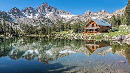 A solitary wooden cabin by a clear lake, with a stunning mountain range mirrored in the water, creating a serene natural retreat.