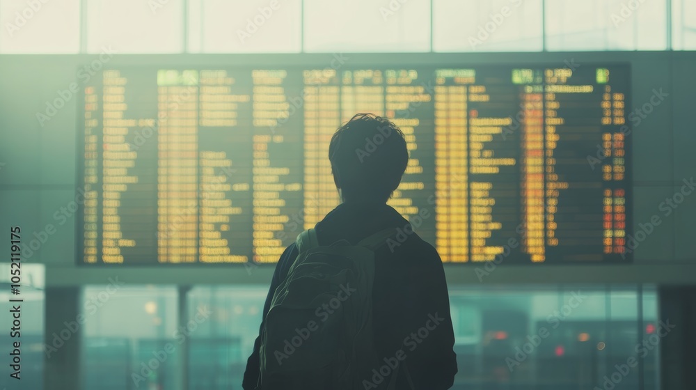 Poster traveler is standing in the airport terminal, looking up at a large electronic display screen showin