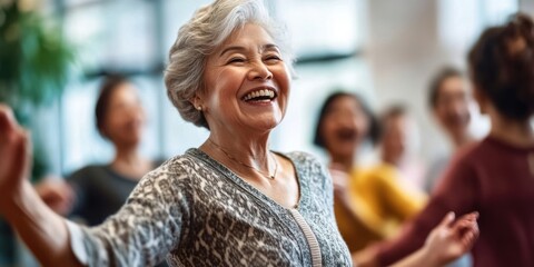 Smiling senior Asian woman dancing laughing person female.