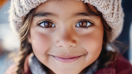 Close-up of a child with big brown eyes and a shy smile, wearing a knitted hat, outdoors in autumn