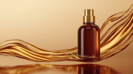Fototapeta premium A bottle of brown essence toner with a golden metal cap, surrounded by flowing liquid.