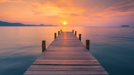 Obraz premium Wooden pier on the sea with a beautiful sunset sky background, a natural landscape