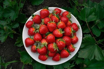 A bunch of strawberries with green tops on a white plate, capturing the freshness of the fruit