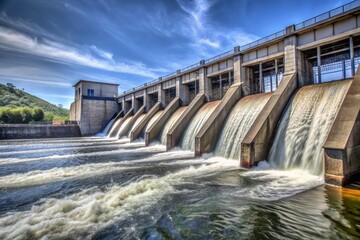 Realistic Hydroelectric Dam with Flowing Water and Clear Sky - Sustainable Energy Concept