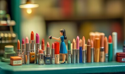 Doll surrounded by colorful lipstick tubes.