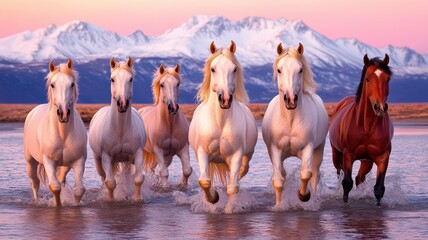 Obraz premium A beautiful herd of horses galloping through water, set against a stunning mountain backdrop during dawn.