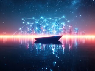 A futuristic city skyline glows at night, reflected on calm water, with a boat in the foreground and stars twinkling overhead.