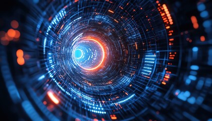 Fototapeta premium Abstract glowing blue digital rings, futuristic tech interface, rotating cyber design