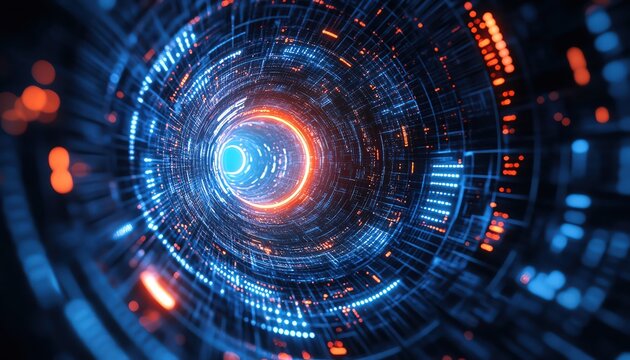 Abstract glowing blue digital rings, futuristic tech interface, rotating cyber design