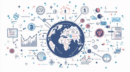 Obraz premium Global investment diversification concept A globe surrounded by stock market symbols, cryptocurrency icons, and investment charts showing diversified portfolios