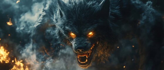 Ferocious werewolf lunges forward with glowing eyes and sharp teeth, mist swirling around in a dark, intense scene
