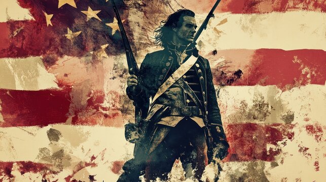 Revolutionary soldier with muskets and old flag.
