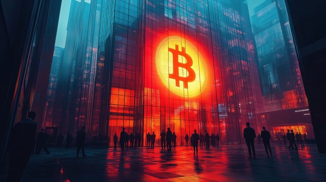 A futuristic city square features a towering glass building with a massive, glowing Bitcoin symbol, casting an orange hue on the scene.
