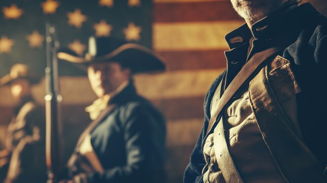 Revolutionary soldiers in front of American flag
