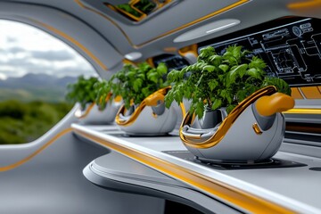 A futuristic kitchen with robotic arms slicing carrots, mushrooms, and bitter melon, with neon accents and holographic recipe guides