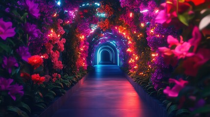 Fototapeta premium Neonlit tunnel filled with vibrant flowers and plants, futuristic and surreal atmosphere