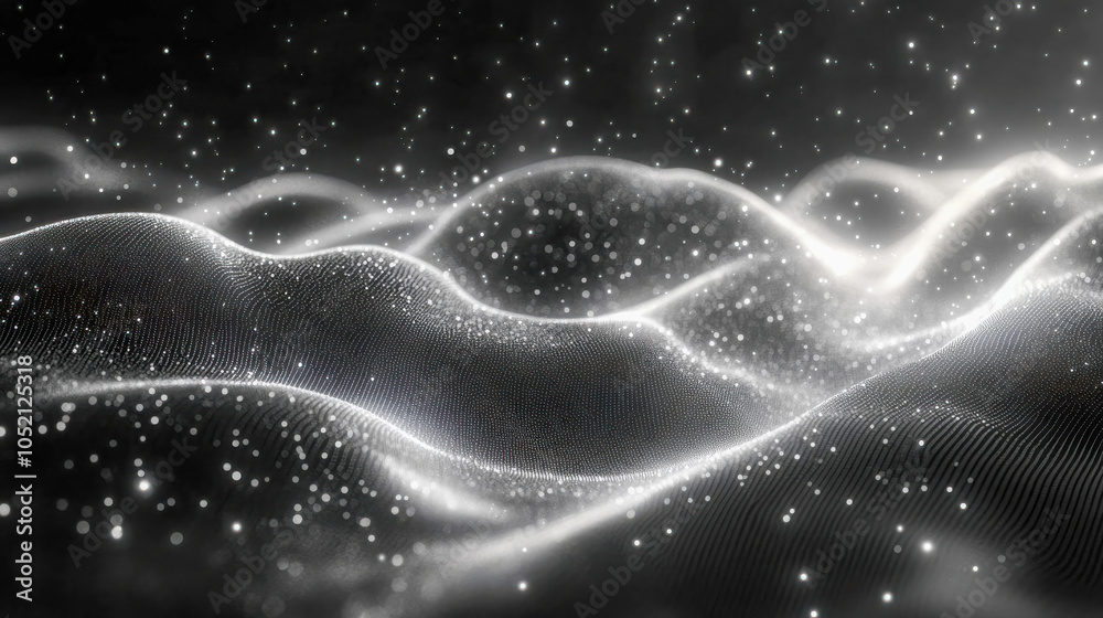 Poster black and white abstract image of wave patterns with glowing dots, resembling flowing data or partic