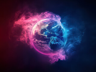 A vibrant Earth enveloped in swirling pink and blue nebula-like clouds against a dark cosmic backdrop.