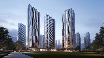 Fototapeta premium This visual showcases a stunning array of modern high-rise buildings featuring impressive architectural styles and clean lines