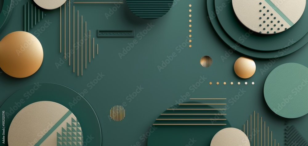 Poster Stylish composition of abstract geometric shapes in green and gold hues. Perfect for modern designs, backgrounds, and digital projects. Unique textures and patterns create visual interest.