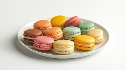 Obraz premium Assorted colorful macarons on white plate, light background with copy space