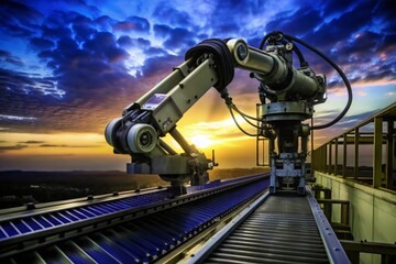 Robot Arm Silhouette at Conveyor Belt in Industrial Automation Setting for Manufacturing Process