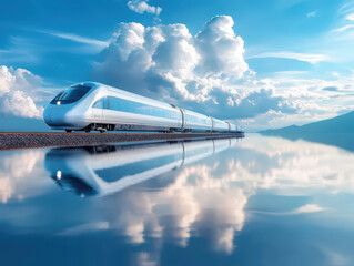 Futuristic high-speed train glides along reflective waters under a vibrant blue sky with billowing clouds.