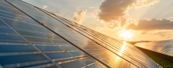 Fototapeta premium Solar panels reflecting sunlight during sunset, showcasing renewable energy and sustainable technology, with dramatic clouds in the background highlighting the beauty of nature.