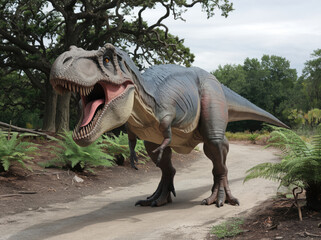 Fototapeta premium Tyrannosaurus rex walking on path in prehistoric park