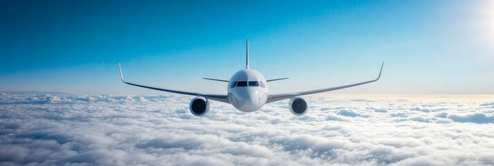 White passenger airplane soars high above fluffy clouds on a sunny day, offering a stunning view of the sky, evoking travel and freedom