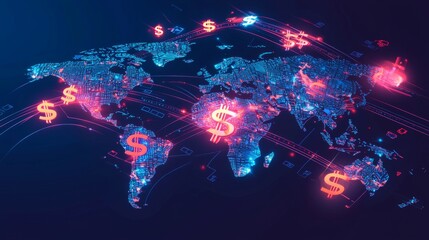 Global money flow visualization A world map with money symbols flowing between continents, connected by bright digital lines representing global financial transactions