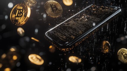 Cryptocurrency wallet with secure encryption A digital wallet on a mobile device with floating crypto coins, secure lock symbols, and encryption codes