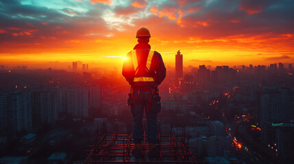 Fototapeta premium A construction worker stands on a high-rise, facing a stunning urban sunrise, symbolizing resilience, progress, and dedication
