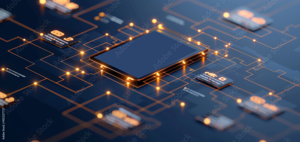 Aufkleber Close-up of a microchip on a circuit board with glowing connections, showcasing advanced technology and digital innovation, ideal for tech-related projects.