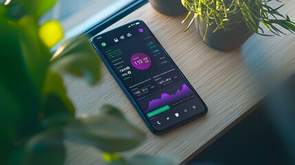 Mobile banking app with real-time market updates A close-up of a smartphone displaying a modern banking app with stock market updates, currency exchange, and investment options