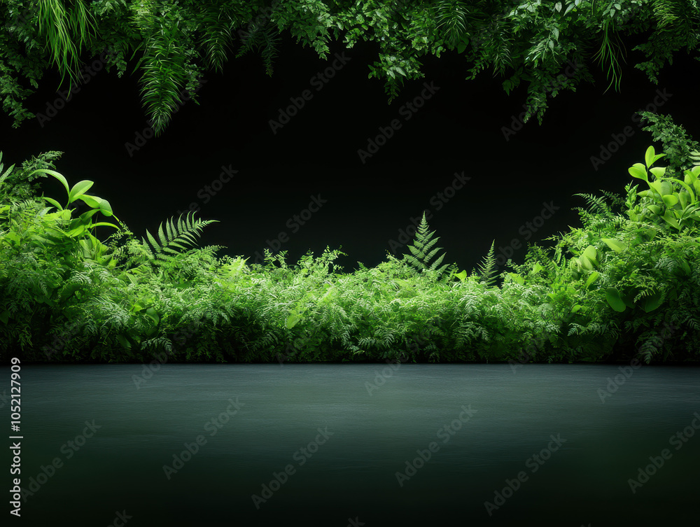 Poster lush greenery frames a dark background, creating a serene and tranquil atmosphere, perfect for natur