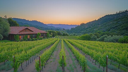 Fototapeta premium Scenic vineyard landscape at sunset