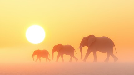 Fototapeta premium Elephant family walking through the African savannah at sunrise, dust rising around them