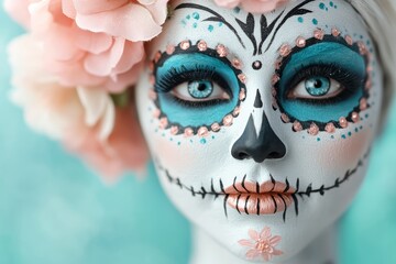 Elegant Dia de los Muertos Face Paint with Floral Hat for Day of the Dead Celebration